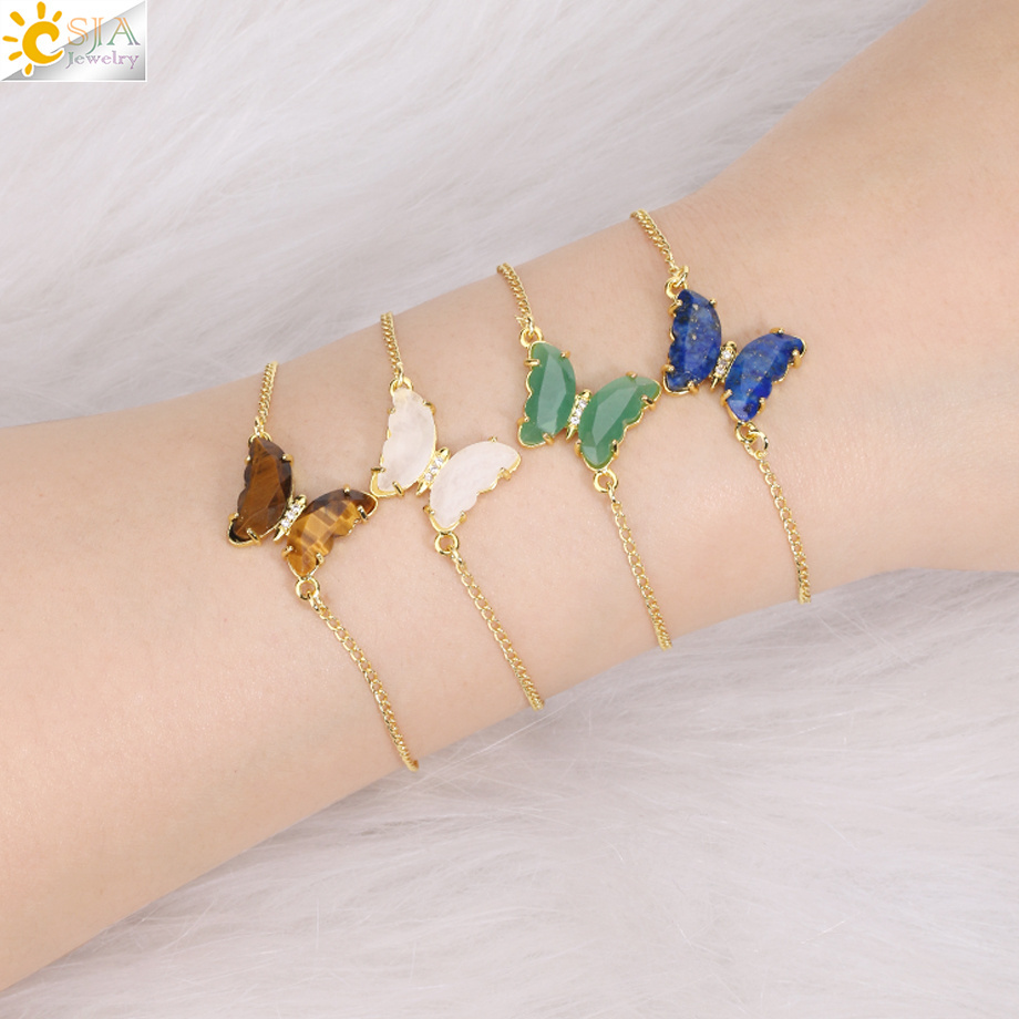 CSJA Wholesale Fashion Jewelry Bracelet Stainless Steel Healing Reiki Natural Stone Rose Quartz Butterfly Women Bracelets H161