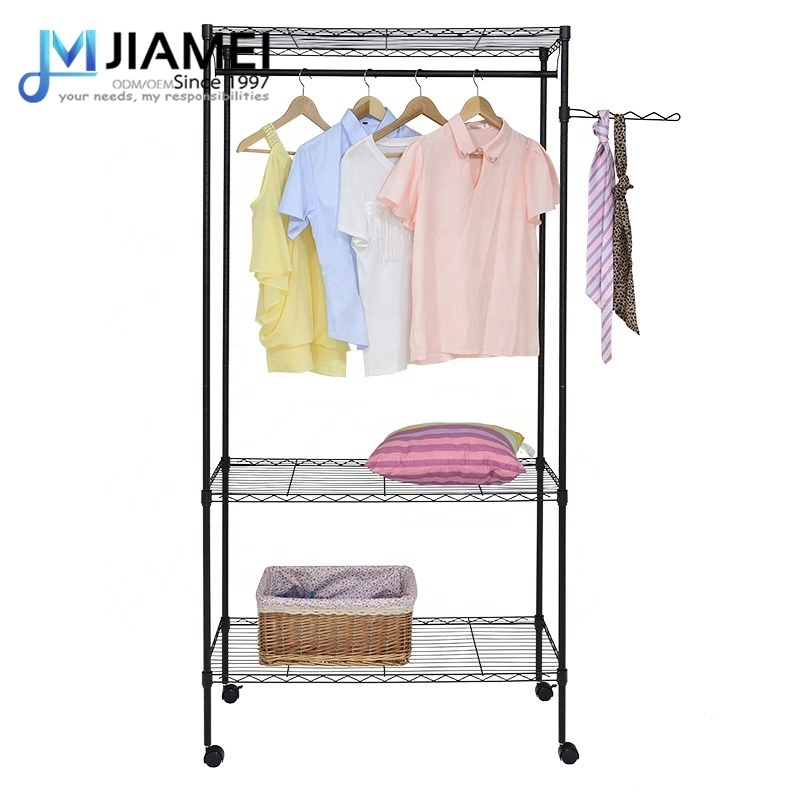 JIAMEI 3 Compartment Laundry Sorter Hamper Metal Clothes Hanging Garment Rack Rolling Laundry Cart with Double Rod