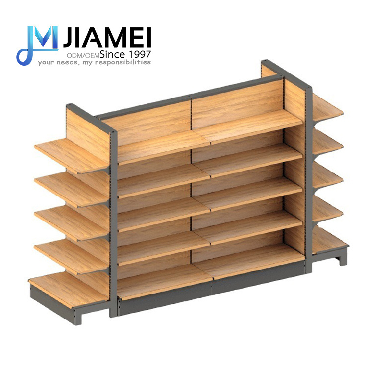 Shelves Display for Supermarket  Grocery Store Gondola Shelving Metal Rack with Wooden Grain