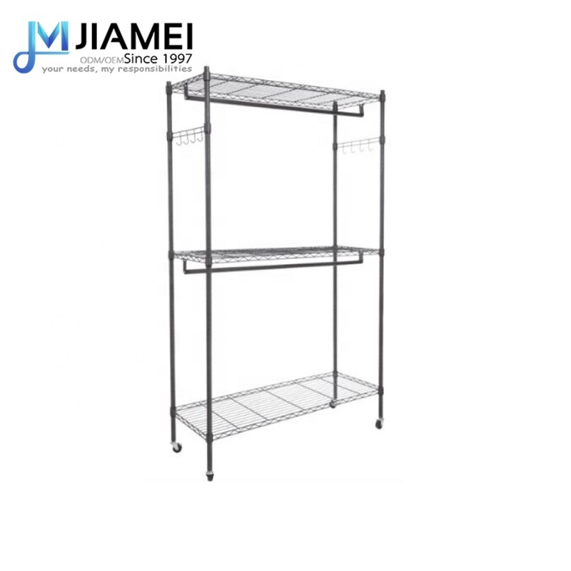 JIAMEI 3 Compartment Laundry Sorter Hamper Metal Clothes Hanging Garment Rack Rolling Laundry Cart with Double Rod