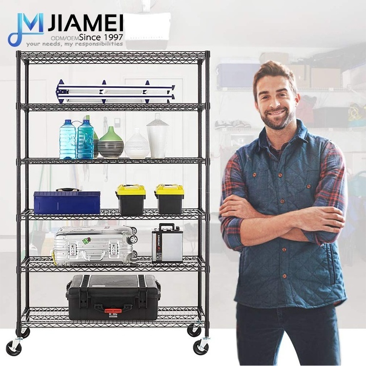 JIAMEI 6-Tier Black Heavy Duty Commercial Metal Wire Shelving Rack On Wheels