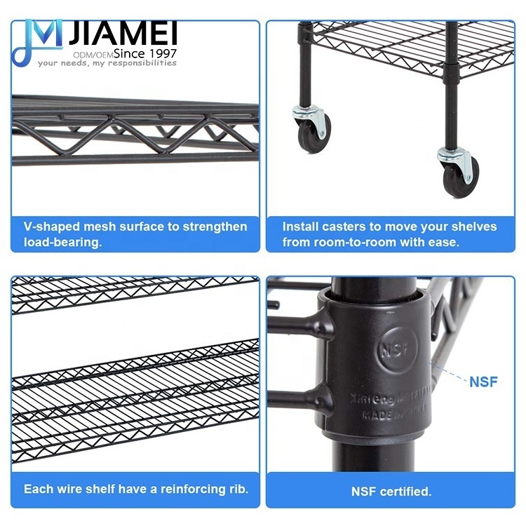 JIAMEI 6-Tier Black Heavy Duty Commercial Metal Wire Shelving Rack On Wheels