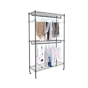 JIAMEI 3 Compartment Laundry Sorter Hamper Metal Clothes Hanging Garment Rack Rolling Laundry Cart with Double Rod