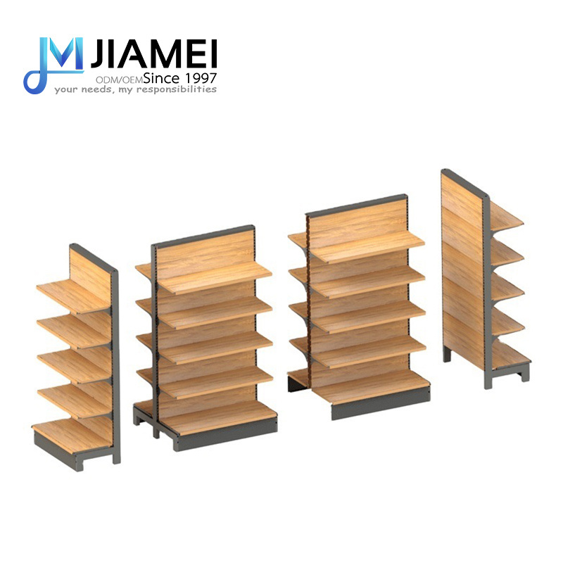 Shelves Display for Supermarket  Grocery Store Gondola Shelving Metal Rack with Wooden Grain