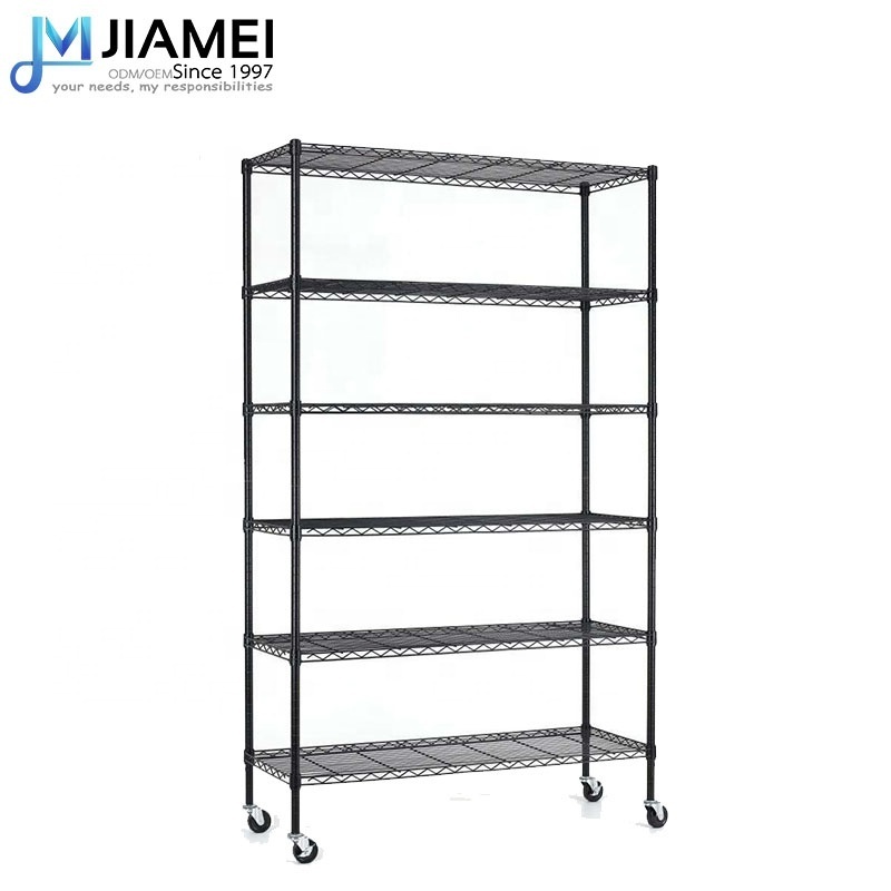 JIAMEI 6-Tier Black Heavy Duty Metal Wire Shelves On Wheels Home Furniture