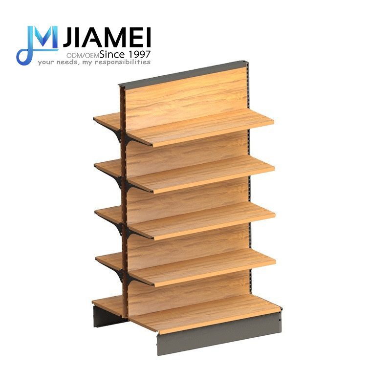 Shelves Display for Supermarket  Grocery Store Gondola Shelving Metal Rack with Wooden Grain