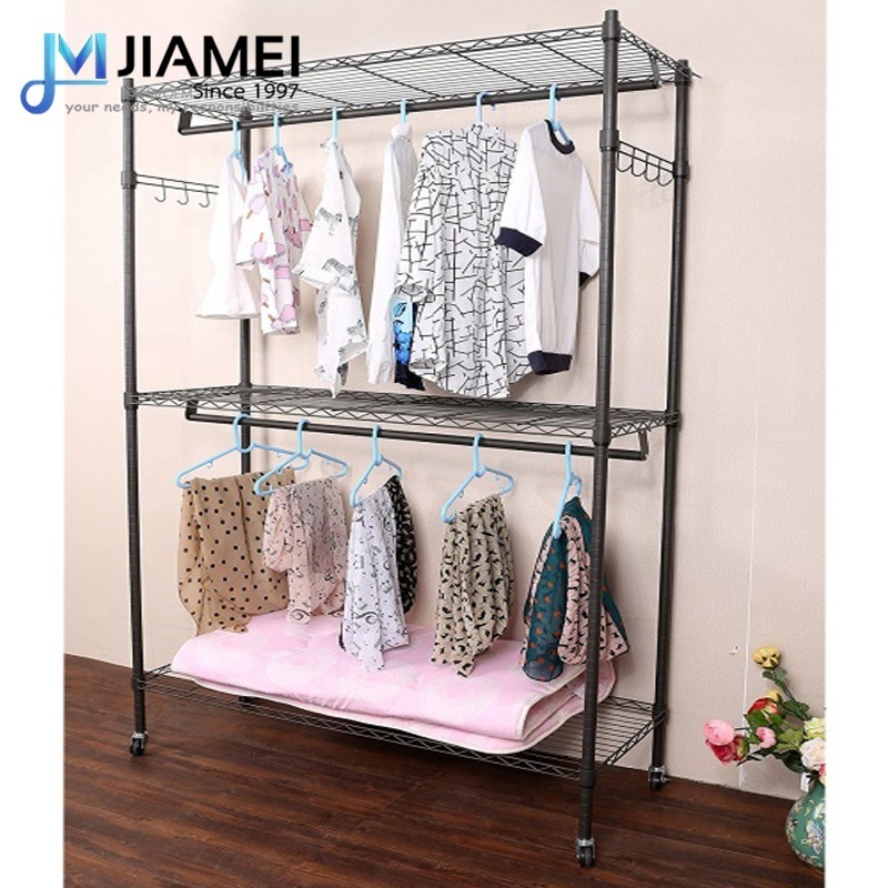 JIAMEI 3 Compartment Laundry Sorter Hamper Metal Clothes Hanging Garment Rack Rolling Laundry Cart with Double Rod