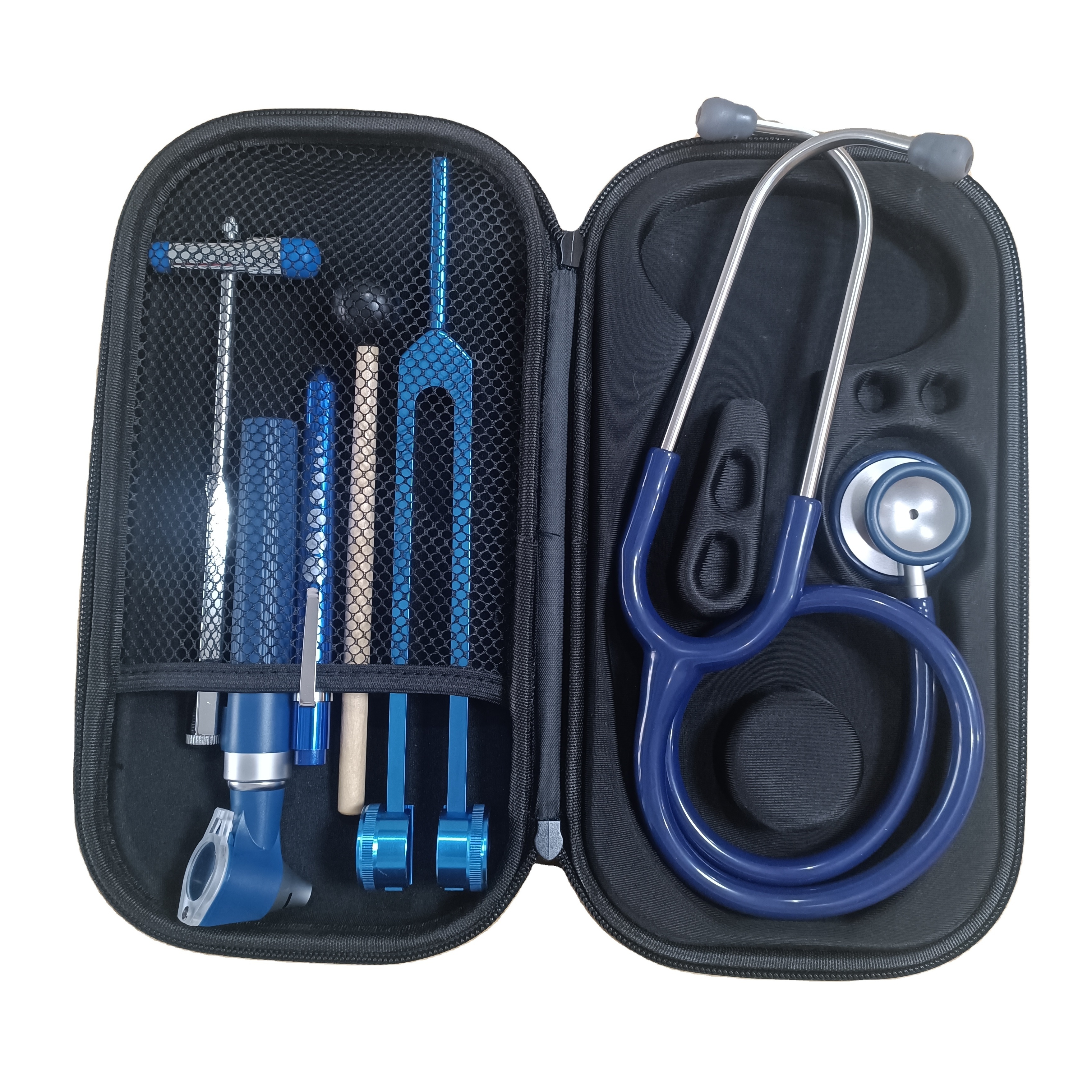 black blue medical Storage Case Kit With tools Pen Light, Stethoscope, Tuning Fork, Reflex Hammer And Mini Otoscope Set