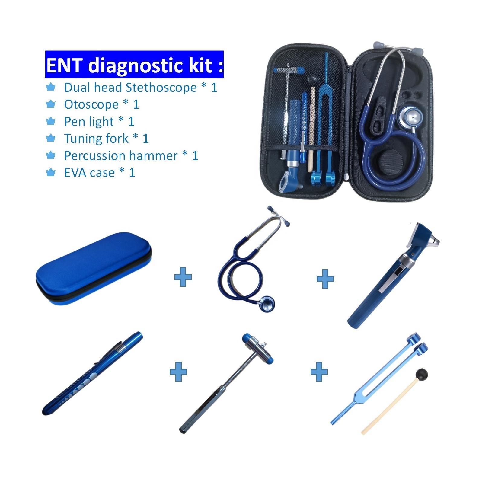 black blue medical Storage Case Kit With tools Pen Light, Stethoscope, Tuning Fork, Reflex Hammer And Mini Otoscope Set