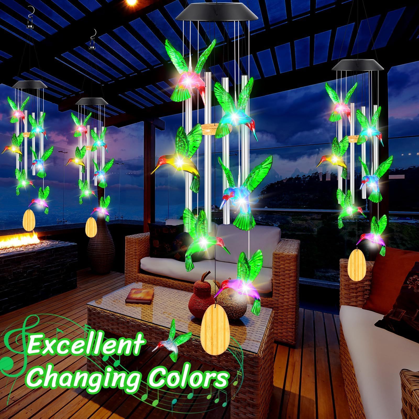 2024 new trend Color Changing Solar Wind Chime Outdoor Waterproof Hummingbird LED with Metal Tubes and Bells well soon gift get