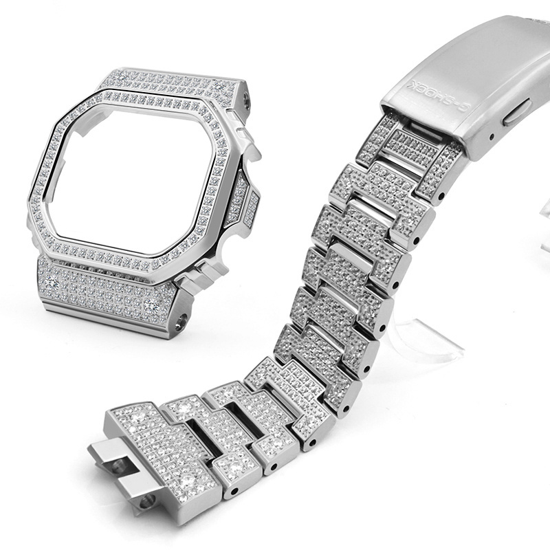 Jmax DW-5600 Mod Kit Stainless Steel Watchband with Bling Iced Stone Metal Case with Diamond for Gshock dw5600 gwm5610 Part