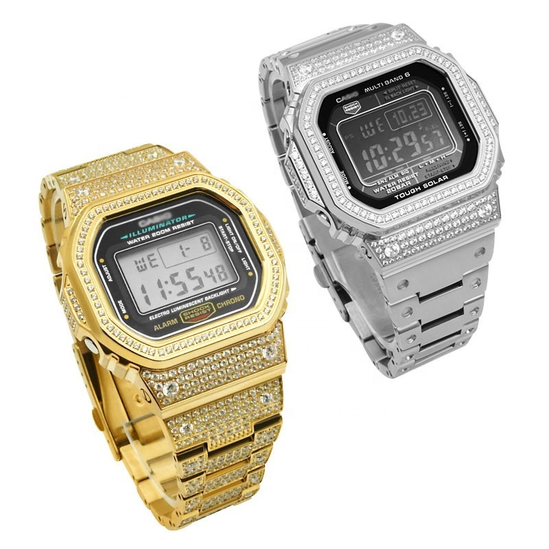 Jmax DW-5600 Mod Kit Stainless Steel Watchband with Bling Iced Stone Metal Case with Diamond for Gshock dw5600 gwm5610 Part