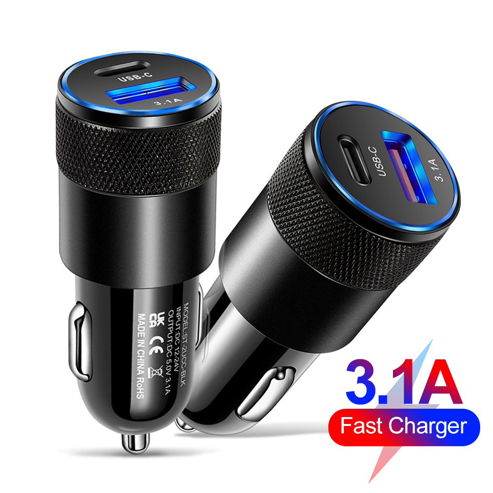 Jmax Fast USB C Car Charger For Apple PD Car Charging 3.1A Dual USB Port Car Charger Cigarette Lighter Adapter