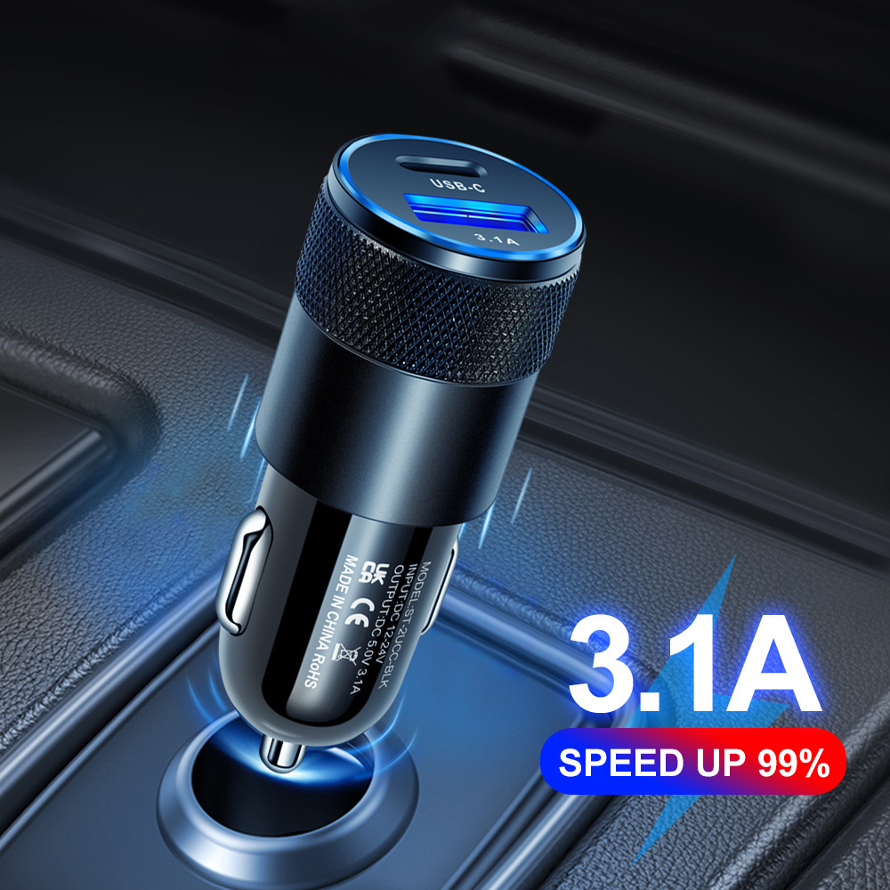 Jmax Fast USB C Car Charger For Apple PD Car Charging 3.1A Dual USB Port Car Charger Cigarette Lighter Adapter