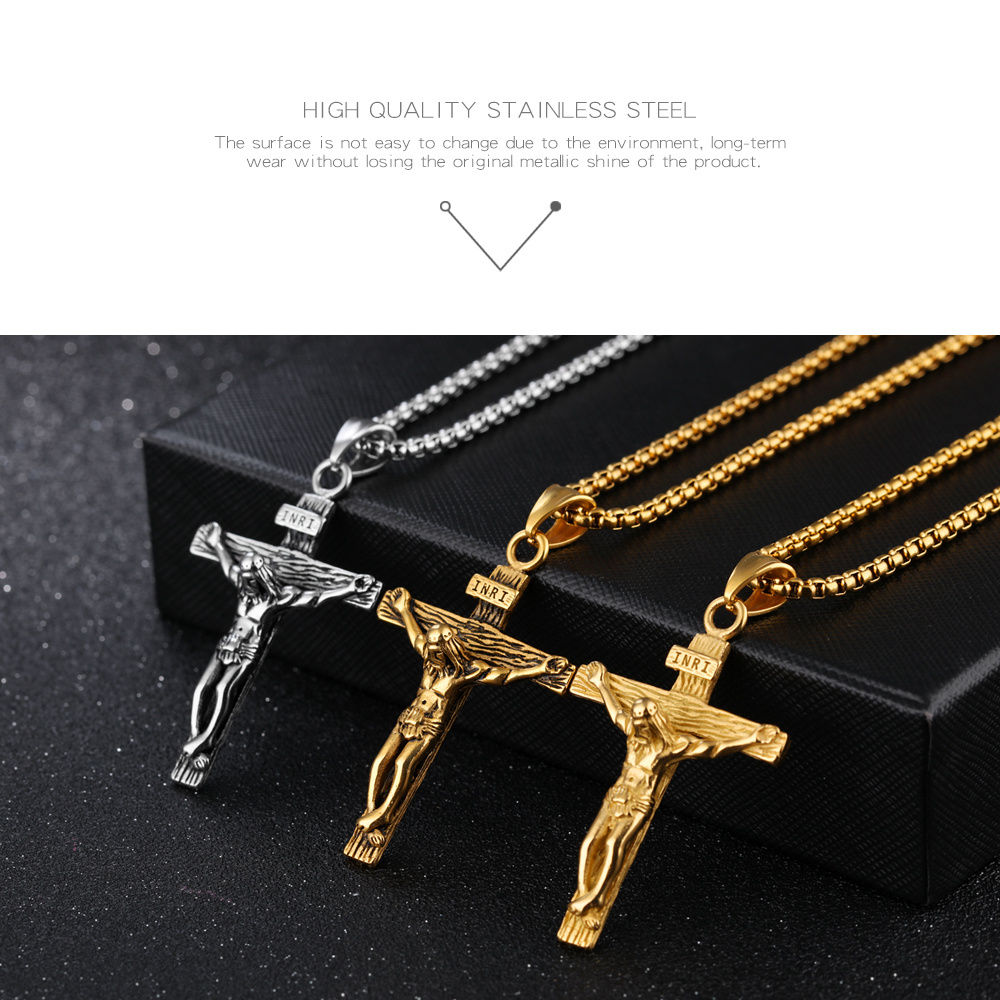 Christian Crucifix Jesus Cross Pendant Necklaces with Chain for Men Women Stainless Steel Silver/Gold Plated Jewelry Gift