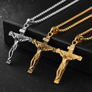 Christian Crucifix Jesus Cross Pendant Necklaces with Chain for Men Women Stainless Steel Silver/Gold Plated Jewelry Gift