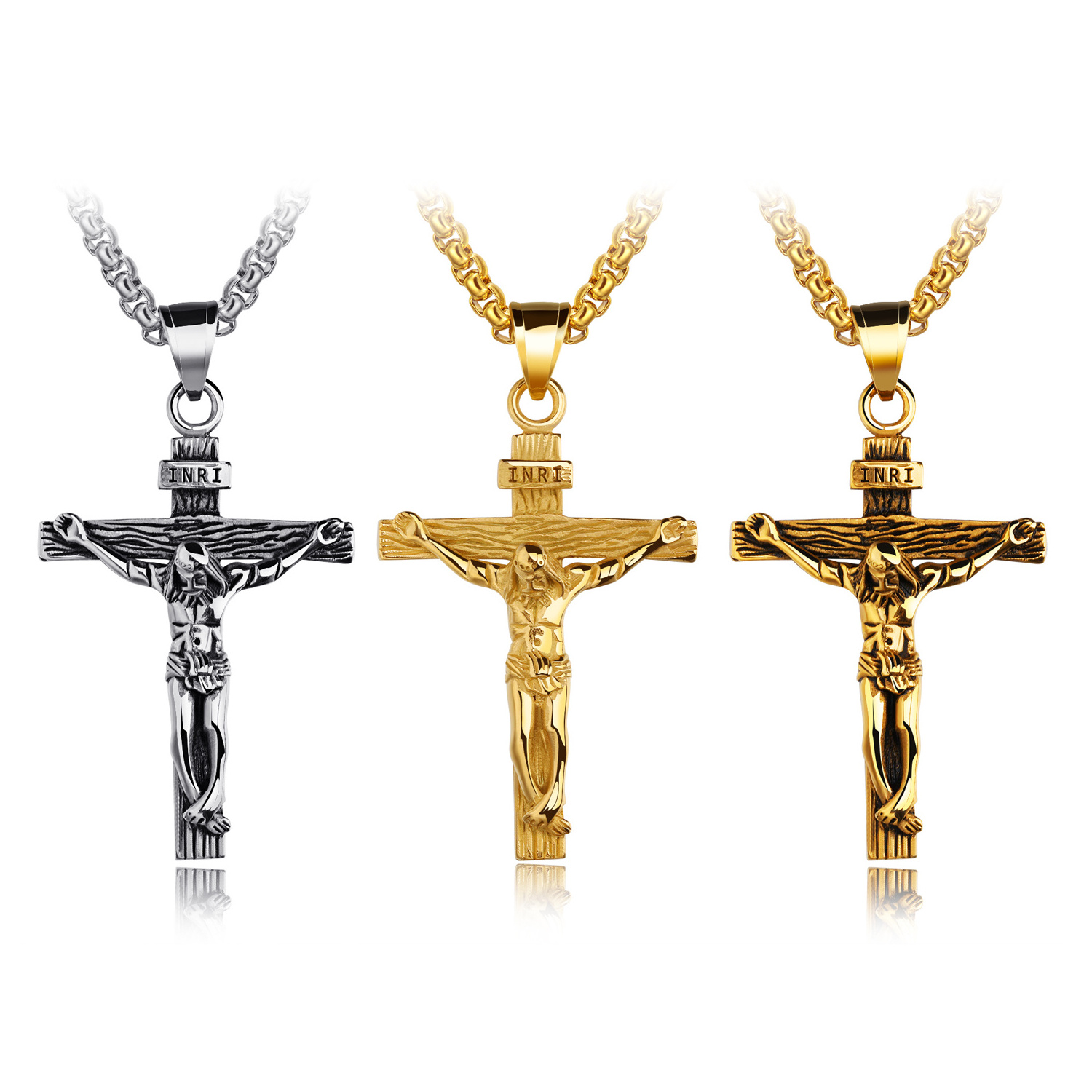 Christian Crucifix Jesus Cross Pendant Necklaces with Chain for Men Women Stainless Steel Silver/Gold Plated Jewelry Gift