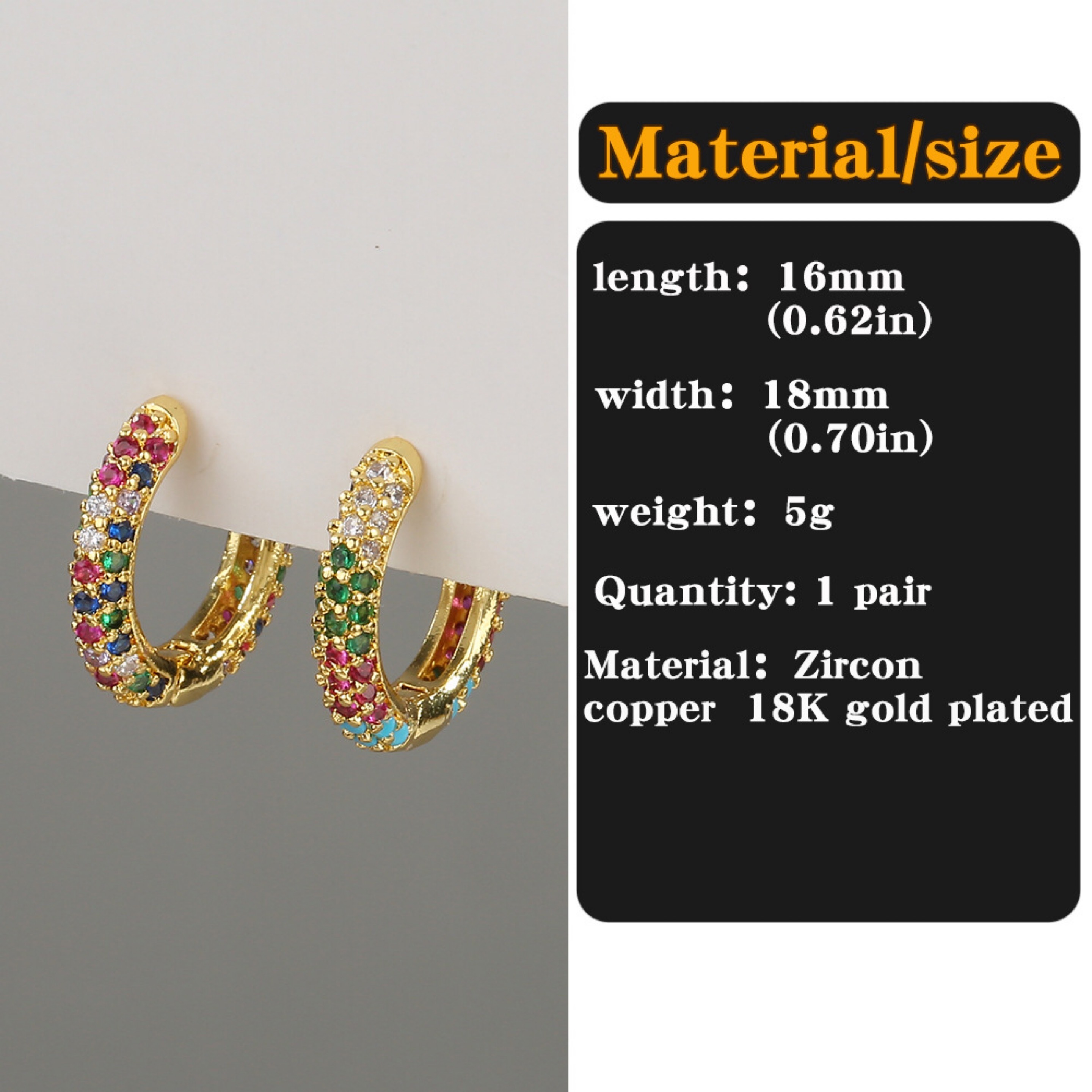 Gothic inch 16mm 18mm CZ Cartilage Earrings Ear Buckle Women Simple Rainbow Boho Classic Thin Stud Earrings, Big Hoop Earrings