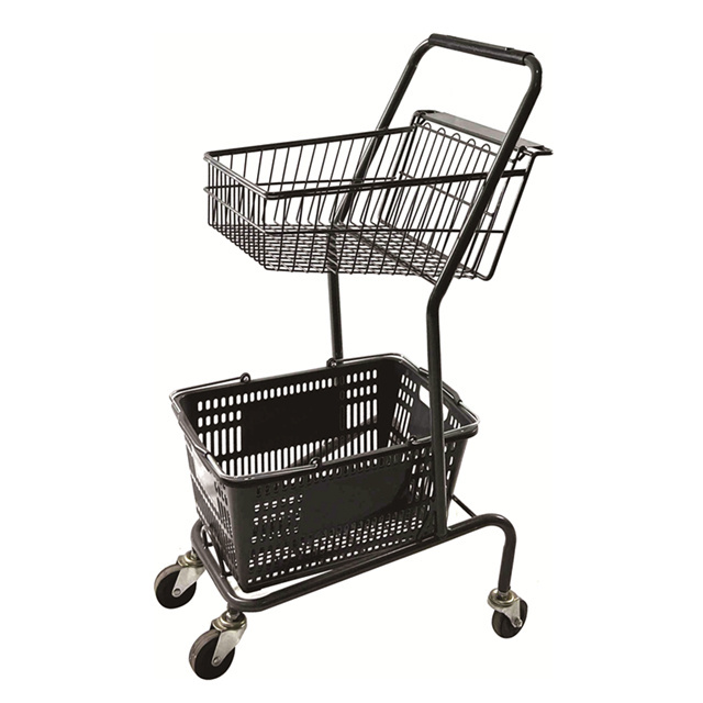 KAIJIA J5 2 Tier Storey Retail Store Shopping Trolleys Carts Plastic Double Grocery Basket Shopping Trolley Basket Trolley