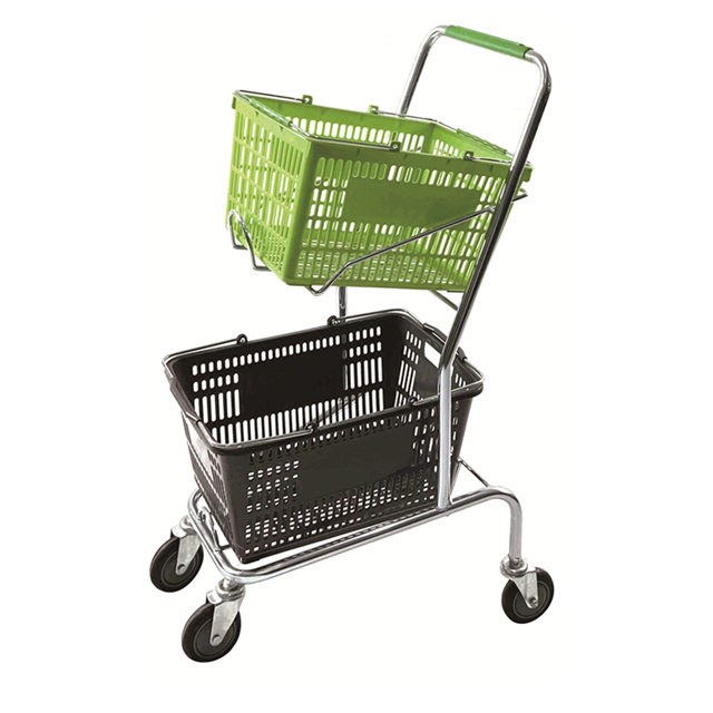 KAIJIA J5 2 Tier Storey Retail Store Shopping Trolleys Carts Plastic Double Grocery Basket Shopping Trolley Basket Trolley