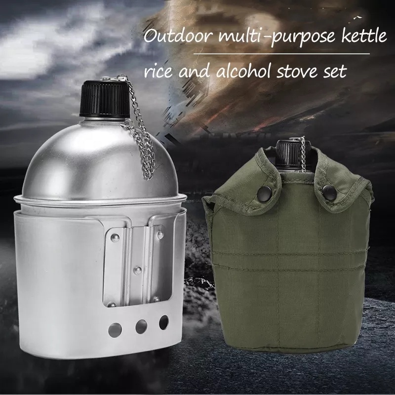 Outdoor Camping Canteen Kit 4pcs 1000ml Stainless Steel Stove Bottle Cup Set With Cover Bag For Camping Hiking Backpacking