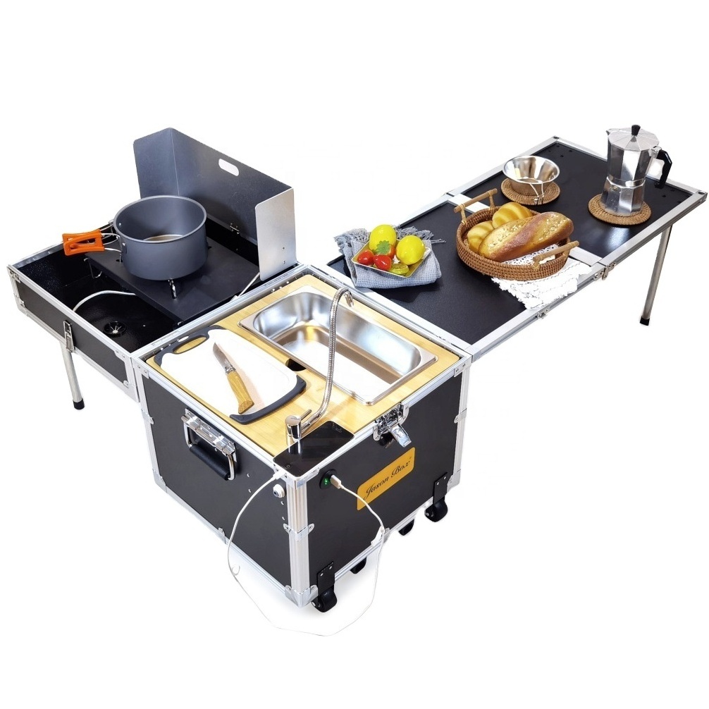 Outdoor Camping Cooking Table Folding Movable Kitchen Station for BBQ All in one Cookware Set Pack-Away Portable Mobile Kitchen