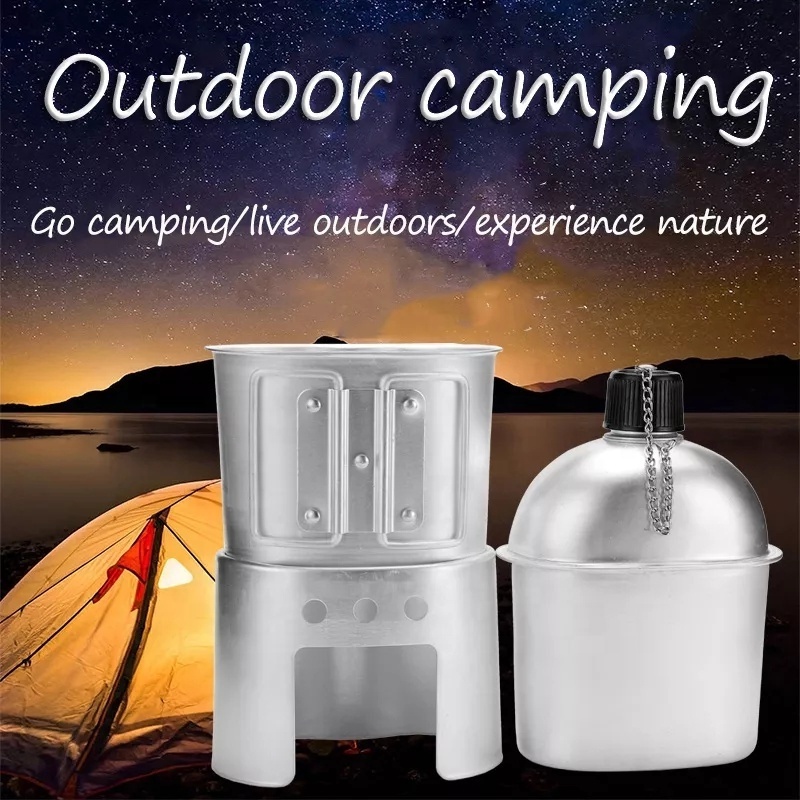 Outdoor Camping Canteen Kit 4pcs 1000ml Stainless Steel Stove Bottle Cup Set With Cover Bag For Camping Hiking Backpacking