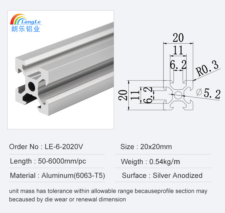 Langle aluminum factory 6063 silver black anodizing t slot aluminium extrusion 2040 v slot for linear rail 3D printer frame