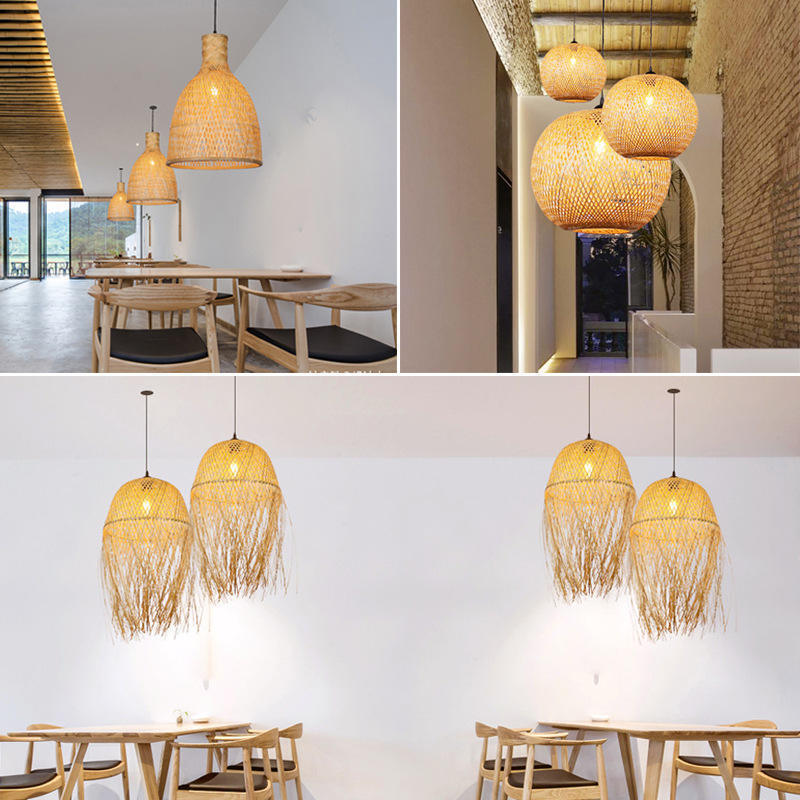 CSLIDO Handmade Restaurant Decor Hotel Rattan Light Shad Hanging Lamps Kitchen Rattan Art Chandelier LED Bamboo Pendant Light