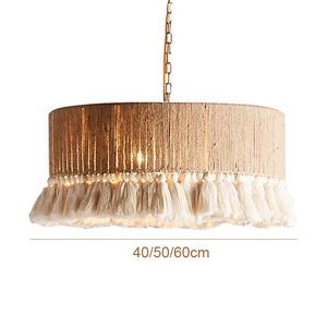 Creative Hemp Rope Tassel  Vintage Bohemian Bedroom led Hanging lamp Hand Woven dining room decorative rattan pendant light