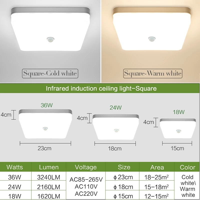 PIR Motion Cold white Warm white 18W 24W 36W 220V 110V Smart Ceiling Lights For Foyer Hallways Square Sensor LED Ceiling Lamp