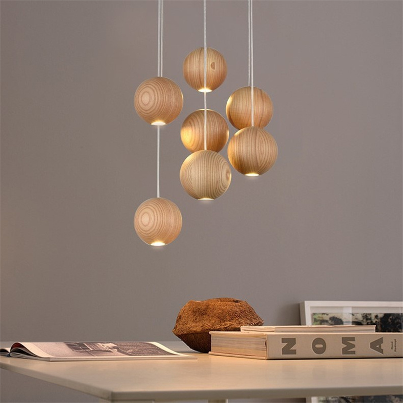 Modern Wooden Pendant Lights Timber Ball Hanging Lamp Creative Bar Living Room Lamps Decorative Lighting Fixture Foyer Room Shop