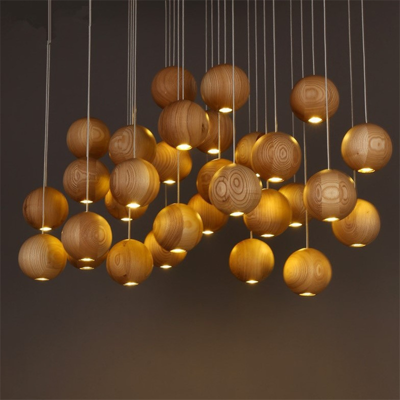 Modern Wooden Pendant Lights Timber Ball Hanging Lamp Creative Bar Living Room Lamps Decorative Lighting Fixture Foyer Room Shop