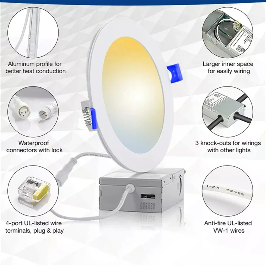 CSLIDO 4/6 Inch Recessed LED Panel Light 9W/12W 85-265V AC Dimmable Slim Panel Round 5CCT Selectable Downlight