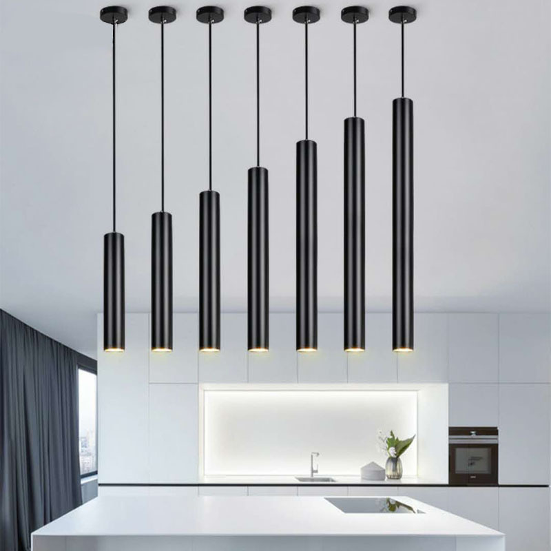 CSLIDO Dimmable Hanging Light Cylinder Hanging Lamp Nordic Black Long Tube LED Modern Kitchen Island Pendant Light