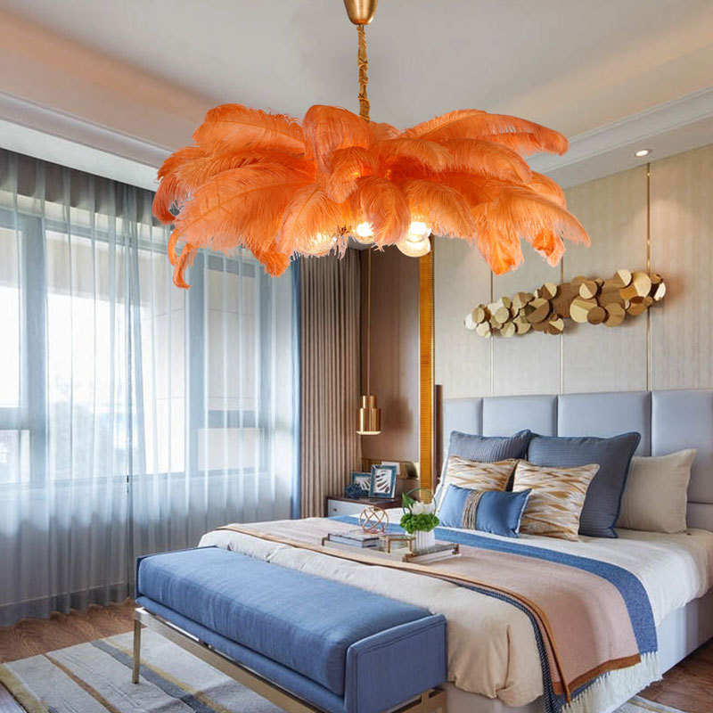 Art Deco Ostrich Feather LED Pendant Lights Hanging Lamps Chandelier Lamp Bedroom Indoor Lighting for Dinning Room Living Room