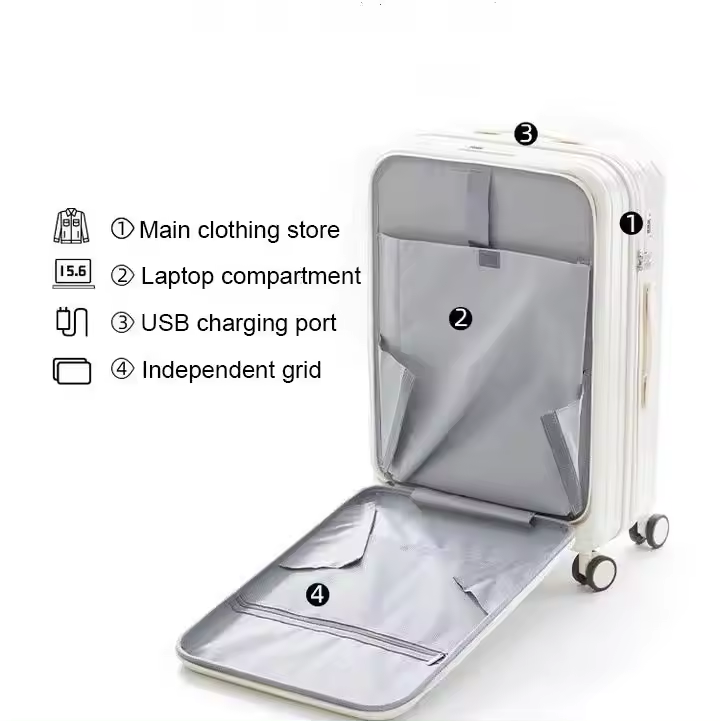 New Design Trolley carry on travel suitcase luggage Front Opening ABS PC Bags with Cup Holder and USB Charging Fashion Style