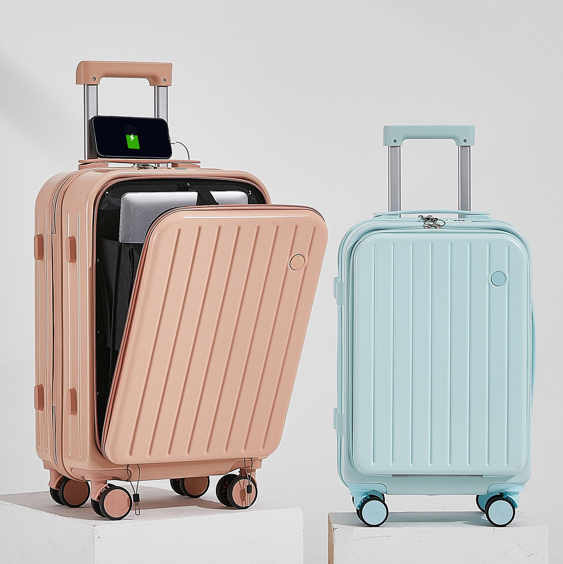 New Design Trolley carry on travel suitcase luggage Front Opening ABS PC Bags with Cup Holder and USB Charging Fashion Style