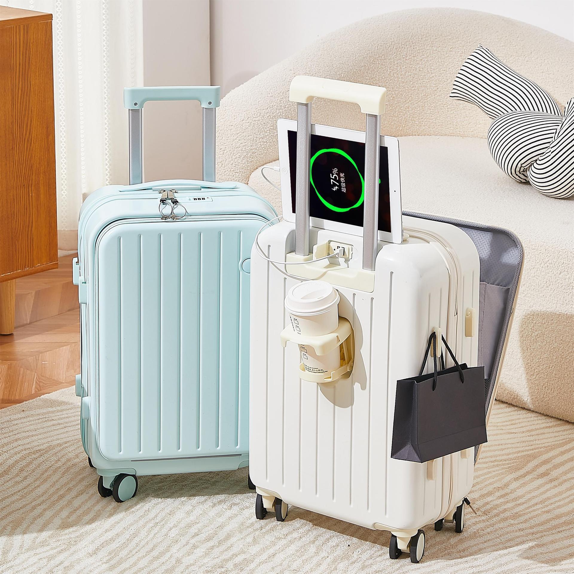 New Design Trolley carry on travel suitcase luggage Front Opening ABS PC Bags with Cup Holder and USB Charging Fashion Style