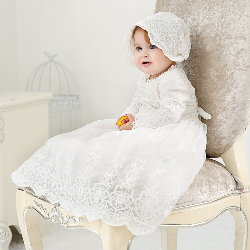 2024 New 0-2 Years Long Sleeves Ivory Lace Baptism Dress Christening Gown Baby Girl Toddler dress for baptism