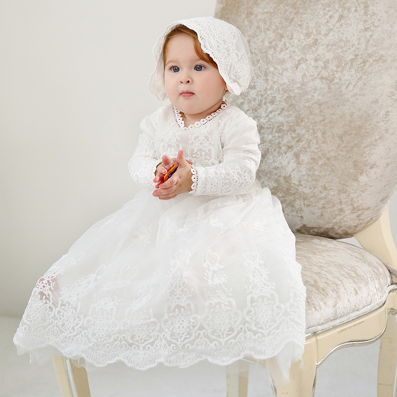 2024 New 0-2 Years Long Sleeves Ivory Lace Baptism Dress Christening Gown Baby Girl Toddler dress for baptism