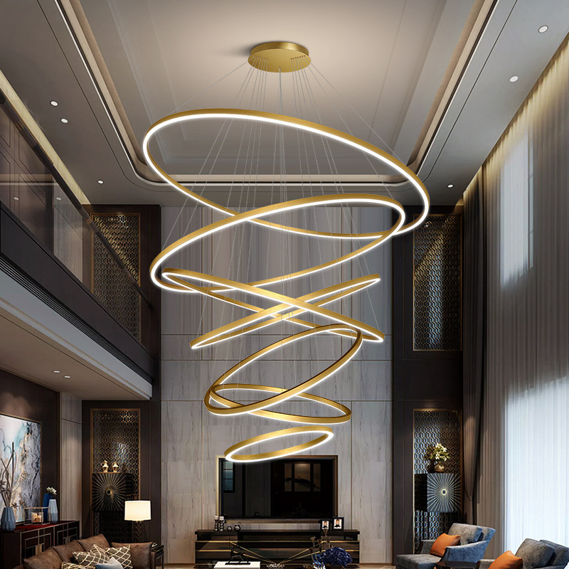 Black Bronze Gold Industrial High Ceiling Pendant Light Acrylic Modern Long Staircase Ring Circle Round Chandelier