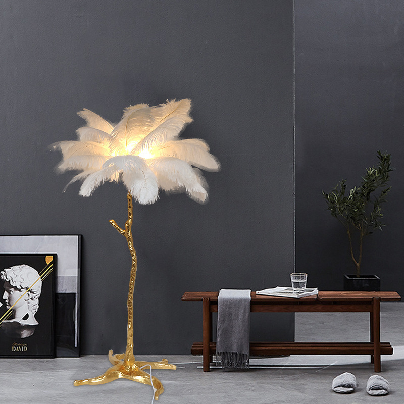 Modern Resin Copper Hotel Decoration Tree Standing Lights Nordic Luxury Ostrich Feather LED Floor Lamp