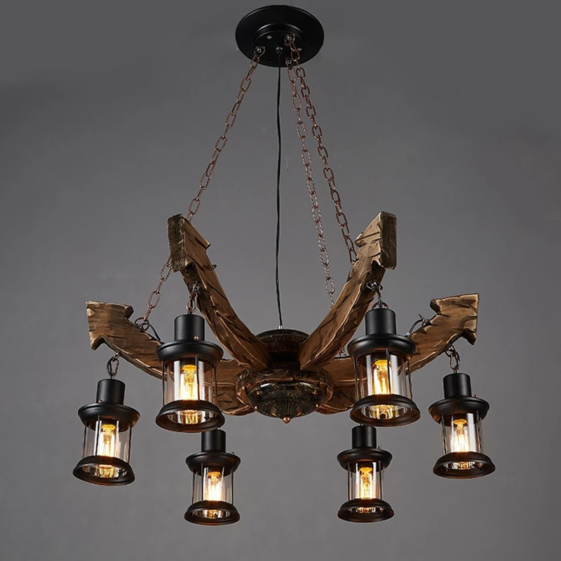 Vintage Led Chandelier Lighting Lustre Suspension Coffee Bedroom Iron Wooden Ceiling Lamp For Home Loft Decor Solid Wood Lights