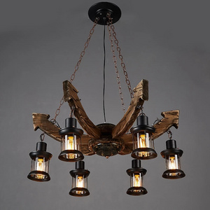 Vintage Led Chandelier Lighting Lustre Suspension Coffee Bedroom Iron Wooden Ceiling Lamp For Home Loft Decor Solid Wood Lights