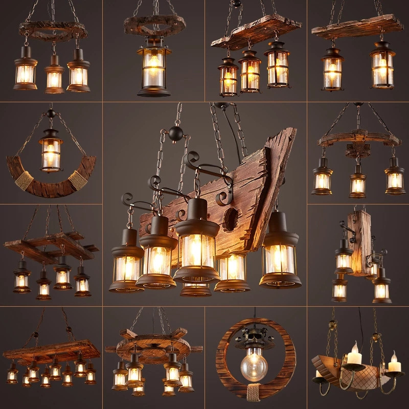 Vintage Led Chandelier Lighting Lustre Suspension Coffee Bedroom Iron Wooden Ceiling Lamp For Home Loft Decor Solid Wood Lights