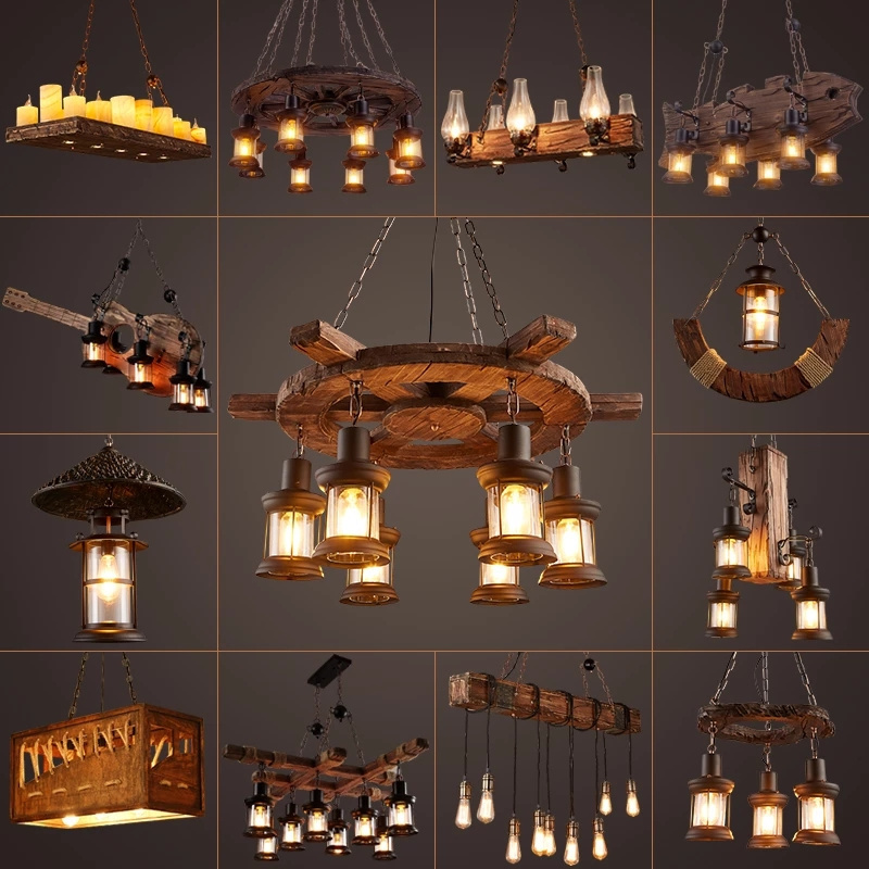 Vintage Led Chandelier Lighting Lustre Suspension Coffee Bedroom Iron Wooden Ceiling Lamp For Home Loft Decor Solid Wood Lights