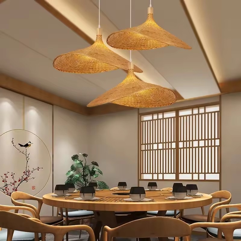 Vintage Bamboo Wicker Chandelier Ceiling Hanging Lamp Rattan Dining Room Lighting Suspension Retro Pendant Light