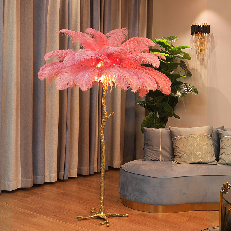 Modern Resin Copper Hotel Decoration Tree Standing Lights Nordic Luxury Ostrich Feather LED Floor Lamp