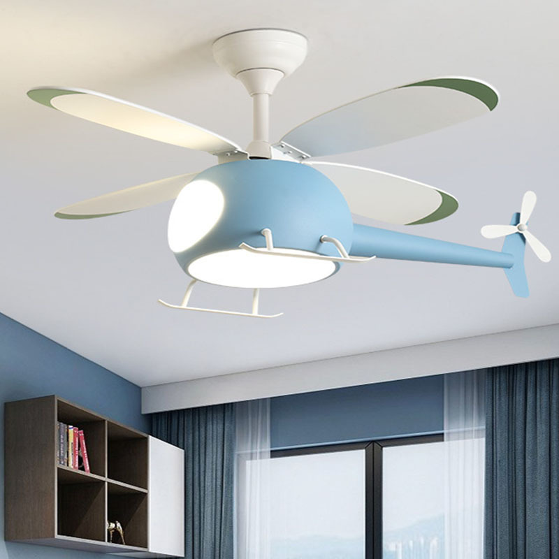 New Modern Fancy Helicopter Pendant Lamp Kids 4 Plywood Blades Remote Control Chandelier Fan With Light